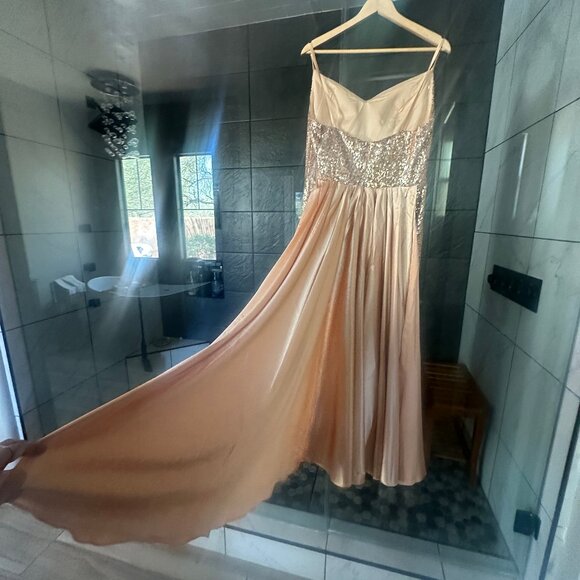 Chiclody Formal Evening Sequin Dress Champagne Slip Satin Train Gown - Picture 5 of 9